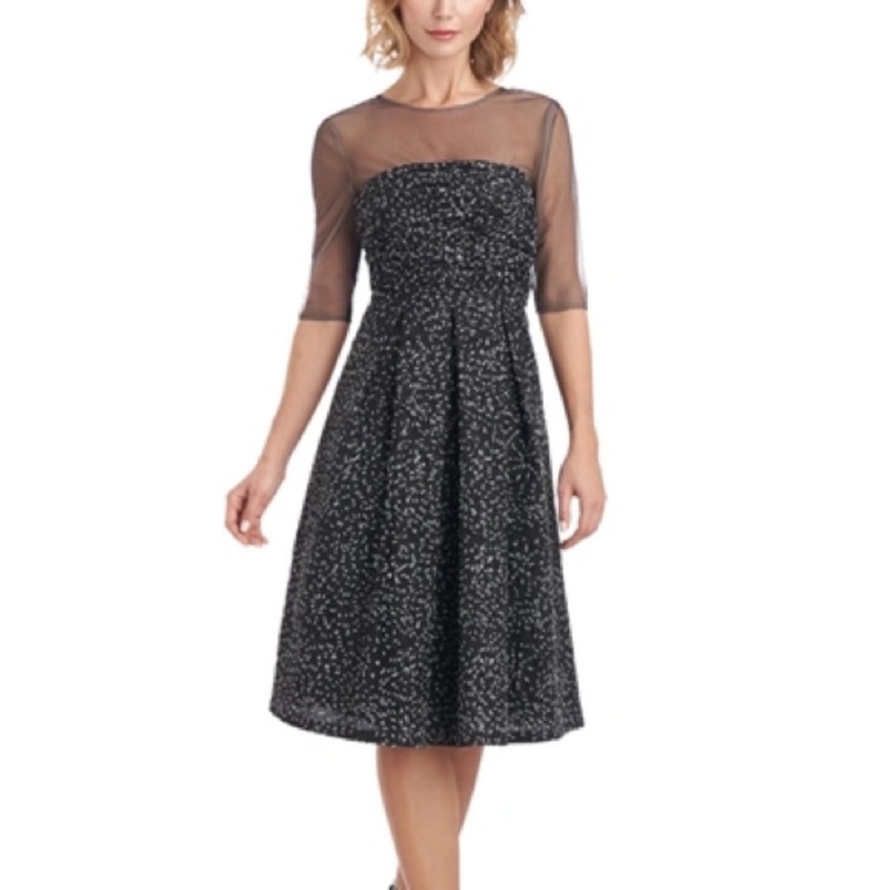 JS COLLECTION Holiday Black Mesh Shirred Bodice Lined Elbow Sleeve Dress 8 New
